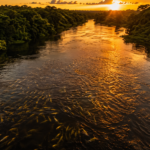 Cardume de peixes migrando durante a piracema em rio brasileiro