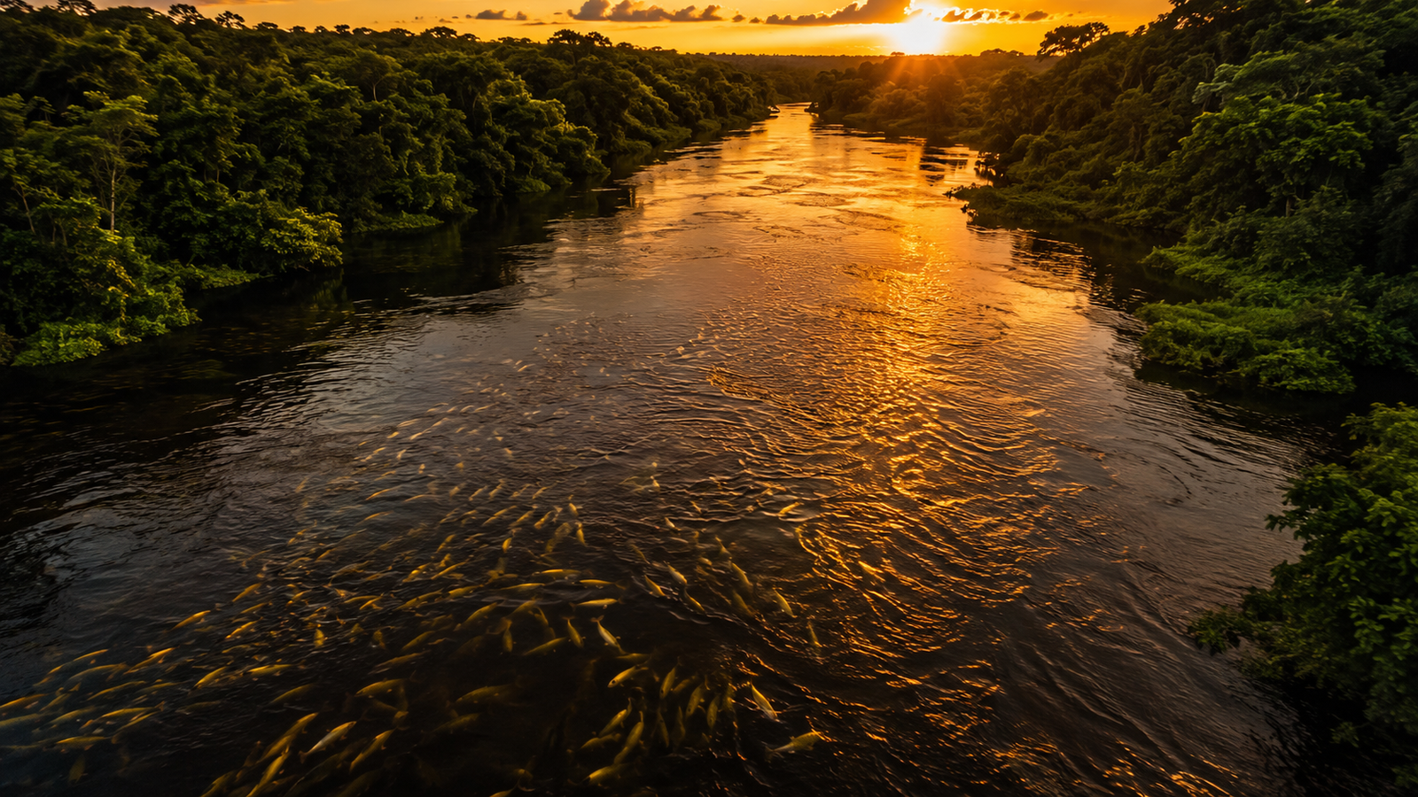 Cardume de peixes migrando durante a piracema em rio brasileiro