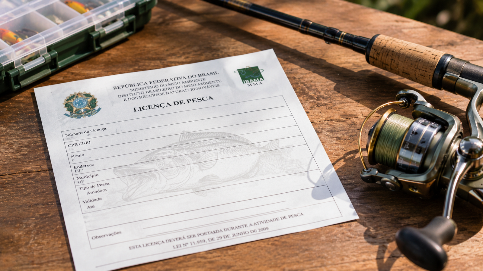Licença de pesca emitida pelo Ibama ao lado de equipamentos de pesca esportiva