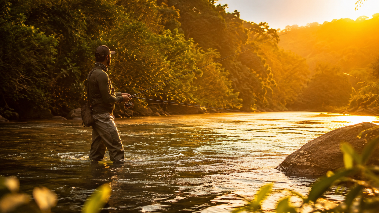 Pescador praticando pesca esportiva em rio brasileiro ao entardecer