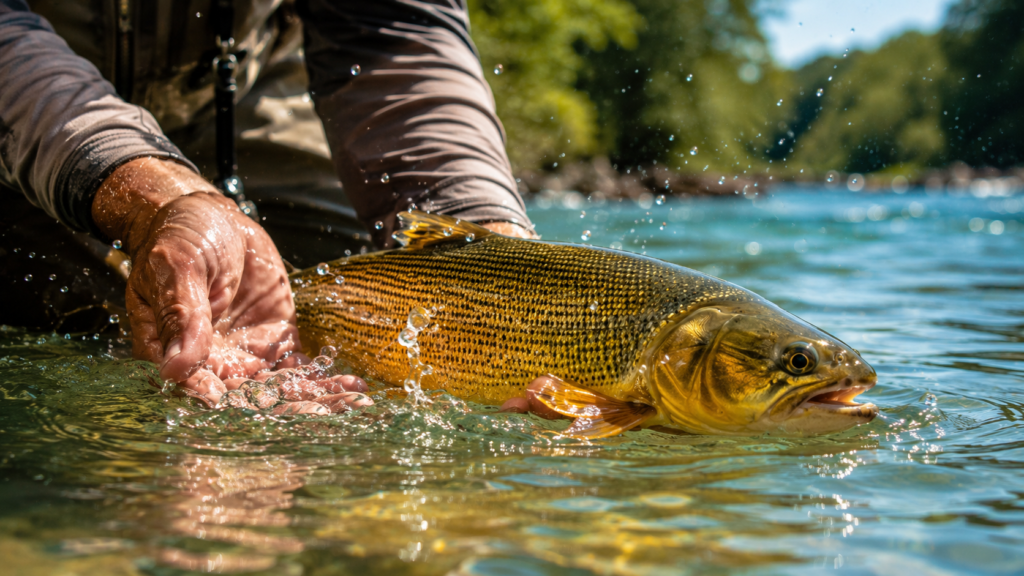 Pescador praticando pesque e solte ao devolver dourado ao rio