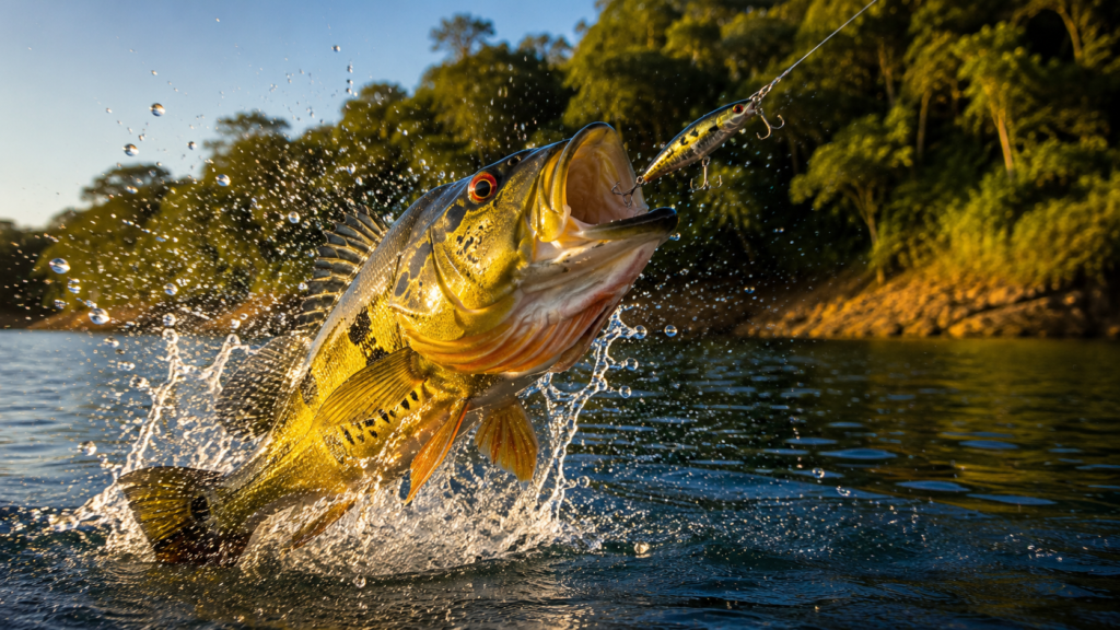 Tucunaré atacando isca de superfície em represa durante pesca esportiva no Brasil