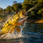 Tucunaré atacando isca de superfície em represa durante pesca esportiva no Brasil