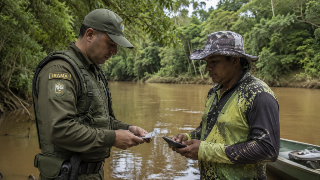 Agente do Ibama realizando fiscalização de pesca durante o período de piracema