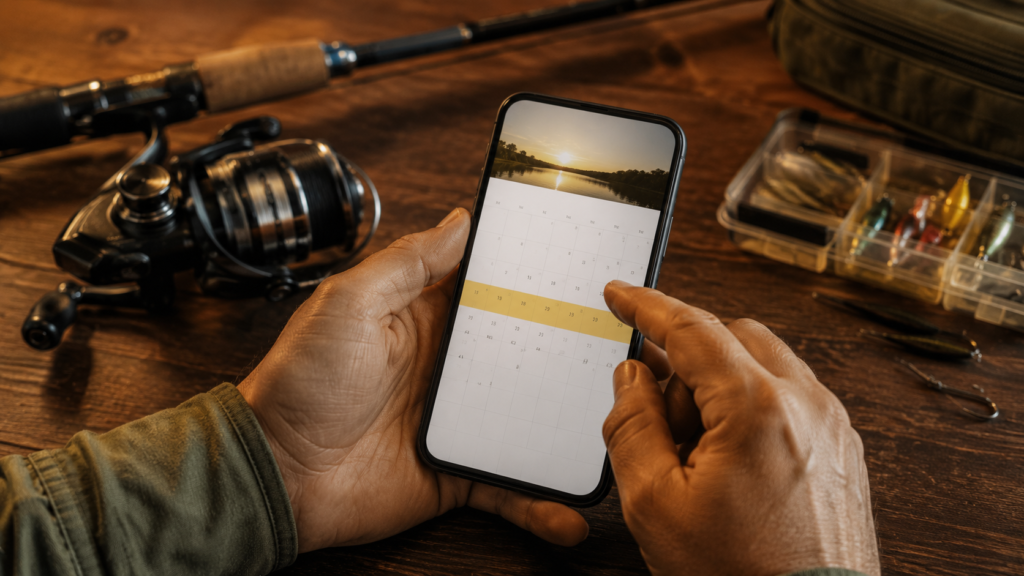 Pescador consultando calendário da piracema para planejar saídas de pesca esportiva