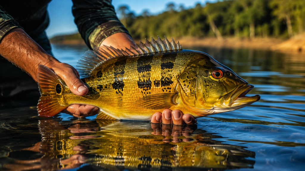 Pescador praticando pesque e solte com tucunaré seguro horizontalmente com mãos molhadas